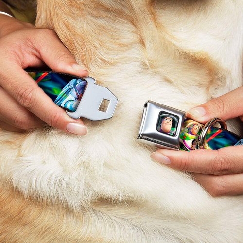 Dog Collar Seatbelt Buckle Buzz Lightyear Action Poses Stacked 11 to 17 Inches 1.0 Inch Wide