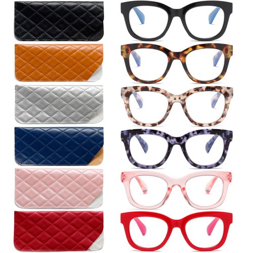 ZXYOO Oversized Reading Glasses for Women,6 Pack Blue Light Blocking Computer Readers Spring hinge（6 pack Mix +1.25）