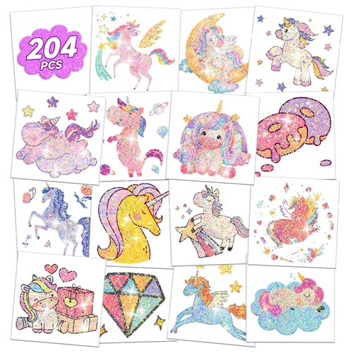EMOME Glitter Kids Tattoos Temporary for Girls, 204 Pcs Individually Wrapped Tattoo Stickers for Kids, Glitter Tattoos Bulk for Goodie Bags Stuffers Fillers, Girls Birthday Party Favors Supplies Games
