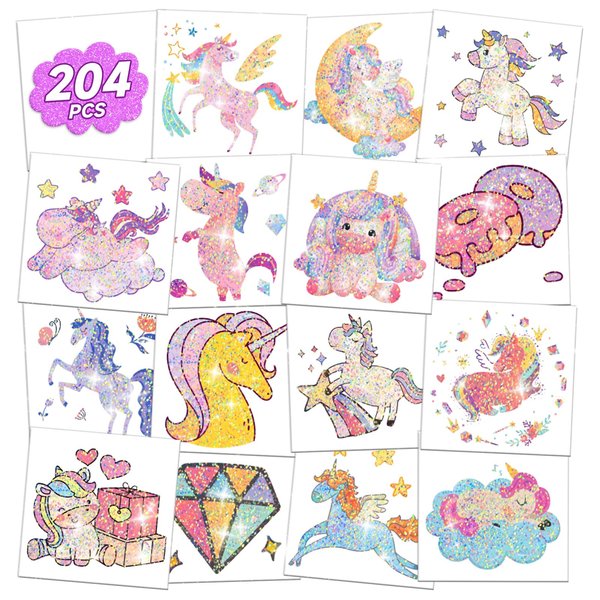 EMOME Glitter Kids Tattoos Temporary for Girls, 204 Pcs Individually Wrapped Tattoo Stickers for Kids, Glitter Tattoos Bulk for Goodie Bags Stuffers Fillers, Girls Birthday Party Favors Supplies Games