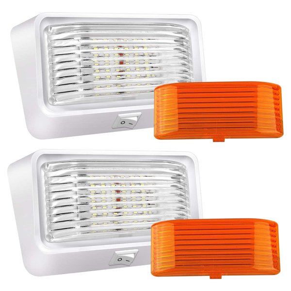 BlueFire Super Bright LED RV Porch Light RV Exterior Lights Porch Utility Light 12V Replacment Light with ON/OFF Switch, Clear and Amber Removable Lens for RV, Trailer, Camper (2 Pack)