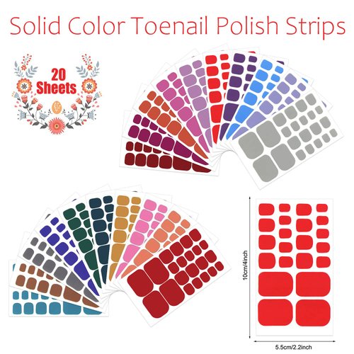 JERCLITY 440 Pieces 20 Sheets Bright Solid Color Toenail Wraps Toe Nail Polish Strips Self-Adhesive Full Nail Stickers Colorful Nail Art Decals Strips with Nail File for Women Girls Nail Art