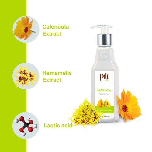Pili Natural Facial Cleanser with Witch Hazel and Calendula, cleans and exfoliates with controlled pH