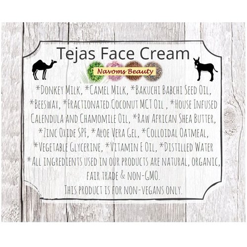 Navoms Beauty Organic Tejas Face Cream with Donkey & Camel Milk + Bakuchi Babchi Seed Oil, Zinc Oxide, Helichrysum Oil, All Skin Types, Anti Aging, For Sensitive Skin, Non Vegan (0.5 oz)