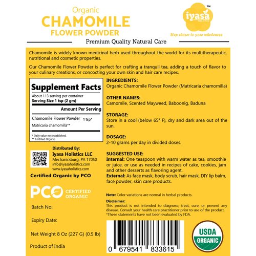 Iyasa Holistics Organic Chamomile Flower Powder, Food Grade for Baking, Cooking, Tea, Summer Drinks, DIY Skin and Hair Care Products, Natural Face Packs, Face Mask 8 oz 223 gm