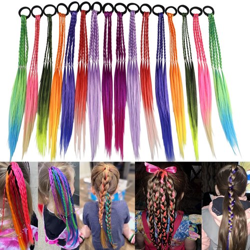 HUJIANWEN Colored Hair Extensions for Kids,Braided Ponytail Extension,Hair Accessories for Girls,Crazy Hair Day Accessories,Twist Braid Rope Ponytail Hair Ornament Accessories Headbands Rubwig 16PCS