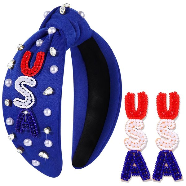 4th of July Headband for Women 4th of July Outfits Accessories Beaded USA Star Knotted Headband Embellished Crystal Pearl Headband American Independence Day Hair Accessory Party Gifts (USA 3)