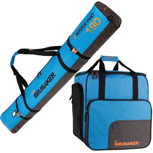 BRUBAKER Combo Set Carver Performance - Ski Bag and Ski Boot Bag for 1 Pair of Skis + Poles + Boots + Helmet - Blue Black - 74 3/4 Inches / 190 Cm
