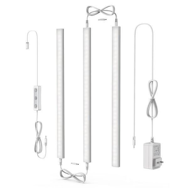 ASOKO Under Cabinet Led Light Plug in, Dimmable Daylight White 4500K, 3 Pack 12 inch Linkable Led Under Counter Lights for Kitchen, Shelf, Workbench, Cupboard, Upgrade UL Listed Plug 24V, UNO-LK 4500K