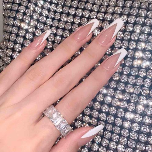 Outyua French Tips Press on Nails Coffin Glossy False Nails with Designs Pink Extra Long Fake Nails Ballerina Acrylic Cute Nails for Women and Girls 24Pcs (French)