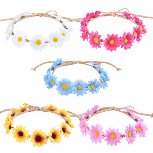 Whaline Daisy Flower Headband Sunflower Hair Wreath Women Girl Floral Headpiece for Summer Decoration, Wedding Party, Hippie, Halloween, Christmas Festival(5 Packs)