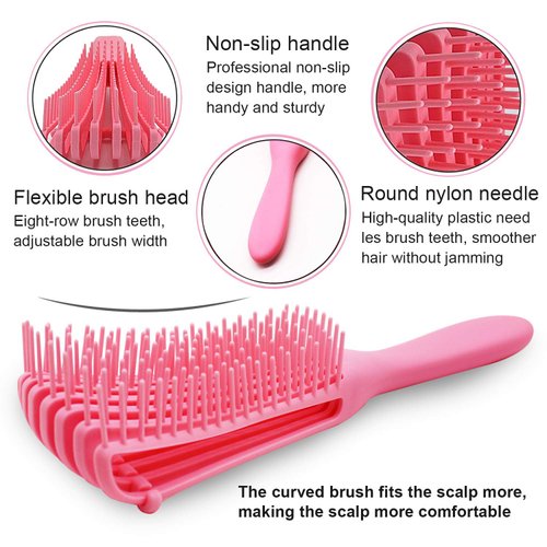 EZ Detangler Brush with Edge Brush, Rat Tail Combs Set for Natural, Curly, Wet/Dry, Black Hair, Flex Detangling Brush set for Hair Style and Cuting, No Pain and Easy Clean in Daily Use（Pink + Black)