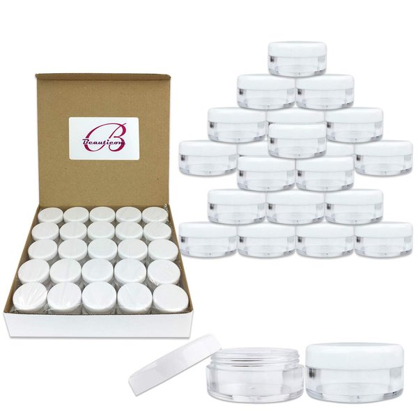 (Quantity: 100 Pieces) Beauticom 5G/5ML Round Clear Jars with White Lids for Acrylic Powder, Rhinestones, Charms and Other Nail Accessories
