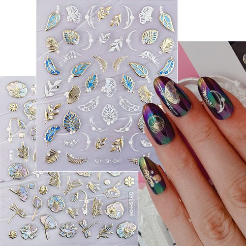 Zoance 20 Sheet 5D Embossed Nail Art Stickers,Luxury Gold Silver Nail Decals Self-Adhesive Metallic Leaves Flower Butterfly French Nail Stripe Line Stickers for Women Salon Home DIY Nail Supplies