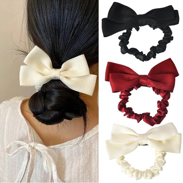 Bowknot Hair Scrunchies Silk Bow Hair Elastic Ties for Women Girls Ribbon Hair Bow Ropes Ponytail Holder for Women Scrunchy Hair Bobbles for Thick Long Hair 3 PCS
