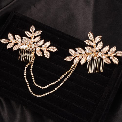 Teyglen Dainty Bridal Gold Leaf Hair Comb Headband Handmade Crystals Pearl Hair Pieces for Bride Rhinestone Headpieces Hair Accessories Pearl Side Hair Combs for Women Girls