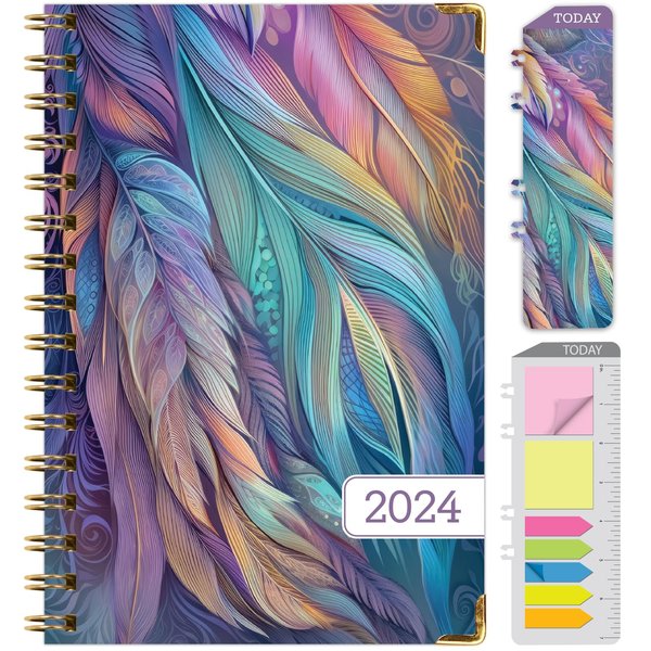 Global Printed Products HARDCOVER 2024 Planner: (November 2023 Through December 2024) 5.5"x8" Daily Weekly Monthly Planner Yearly Agenda Bookmark, Pocket Folder & Sticky Note Set (Pastel Peacock)