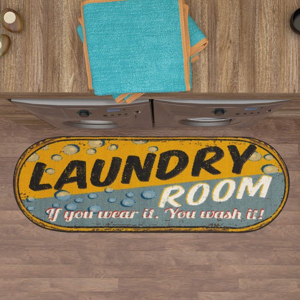Machine Washable Bubbles Design Laundry Room Rug Non-Slip Rubberback 2x5 Laundry Runner Rug for Laundry Room, Bathroom, Washroom, 20" x 59" Oval, Yellow/Gray