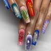 Press on Nails Long Square Colorful Obrem Fake Nails Three-Dimensional Water Droplet False Nails with Designs Full Cover Summer Acrylic Nails Glossy Glue on Nails Artificial Nails for Women Girls