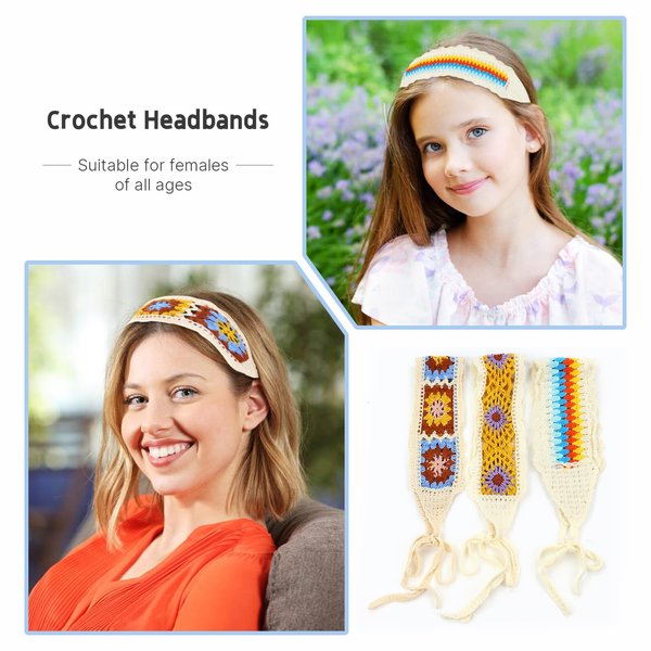 Dizila 3 Pieces Hippie Boho Floral Crochet Headbands Handmade Knitted Bohemian Hairbands Head Wraps for Women Girls Teens