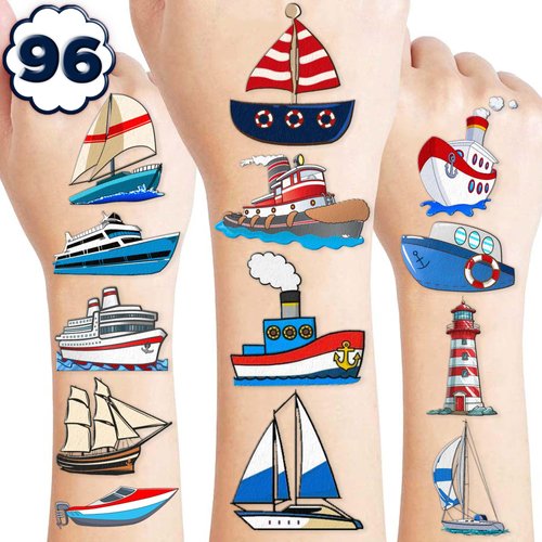 96 PCS Boat Temporary Tattoos for Kids Nautical Birthday Party Decorations Supplies Favors Decor Themed Marine Sailor Anchor Yacht Tattoos Stickers Gifts School Prizes Rewards