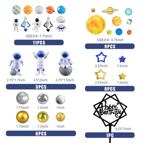 40PCS Astronaut Space Cake Toppers Outer Space Astronaut Figurine Meteorite Planet Rocket Stars and Gold Silver Ball Space Theme Cake Decorations for Baby Shower Kids Birthday Party Supplies