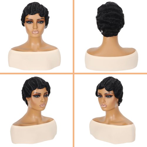 Short Pixie Cut Wigs For Black Women Mommy Wig Brazilian Human Hair Wigs Finger Ocean Wave Wig Remy Human Hair Wig For Party (Nature Black Pixie Cut Wigs S16)