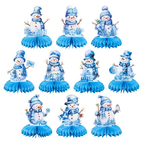 Whaline 10Pcs Christmas Honeycomb Centerpieces Blue Watercolor Snowman Honeycomb Decor Winter 3D Table Decoration for Xmas Holiday Birthday Party Supplies