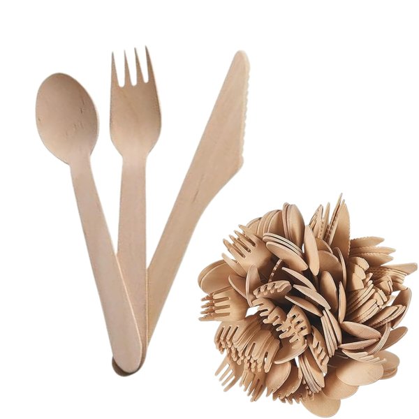 Perfect Stix Green Cutlery 100ct Wooden Disposable Cutlery Kit of 50 Forks, 25 Spoons, 25 Knives, 6" Length (Pack of 100), Plain Cutlery Kit