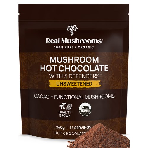 Real Mushrooms Unsweetened Organic Hot Chocolate Mix with 5 Defenders (Turkey Tail, Chaga, Maitake, Shiitake, & Reishi Mushroom) - Organic Cacao Powder - Vegan Mushroom Supplement, 15 Servings