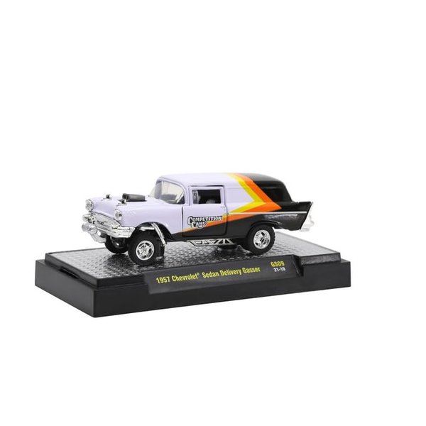 M2 1957 Chevy Sedan Delivery Gasser Competition Cams White and Black with Yellow and Orange Stripes Limited Edition to 7480 Pieces Worldwide 1/64 Diecast Model Car Machines 31600-GS09