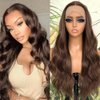 QD-Tizer Loose Curly Brown Lace Front Wig Synthetic Long Highlight Brown Wigs Pre-styled Long Body Wave Wavy Curly Hair 13×4 Lace Wigs for Women Natural Glueless Synthetic Wigs for Daily Use