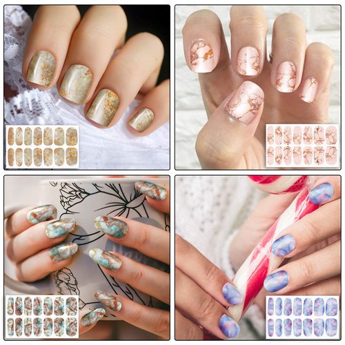 168 Pieces 12 Sheets Full Wrap Nail Polish Stickers Self Adhesive Glitter Gradient Marble Color Nail Decal Strips with Glass Nail File for Women Girls DIY Nail Craft (Classic Style)