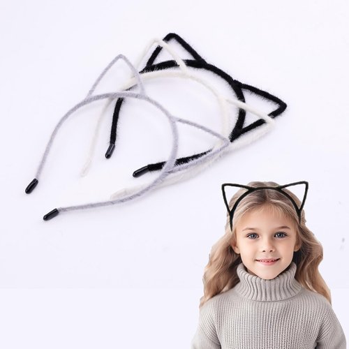 IJF 3PCS Furry Cat Ears Headband Black Cat Ears Hair Hoops Cat Women Ears Hairband for Cosplay Costume Accessories（Black/White/Grey）