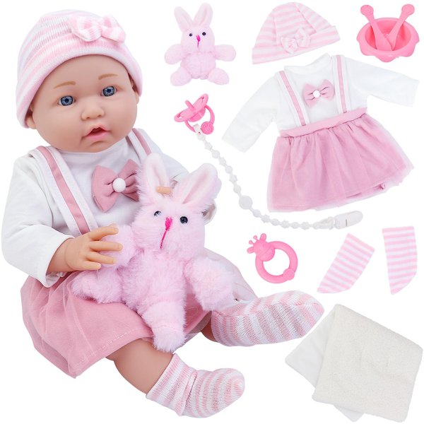 Ecore Fun 16 Inch Baby Doll Reborn 16" Baby Dolls Realistic Soft Silicone Baby Doll with Baby Doll Clothes (Dress & Hat & Socks), Ringing Bell,Pacifier, Toy Rabbit and Tableware