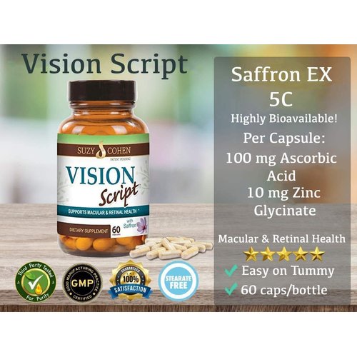 Vision Script with Saffron for Macular, and Retinal Eye Health - Each Capsule Contains Saffron, Black Currant, Lutein, Zeaxanthin, Vitamin C and E, and Zinc Glycinate.