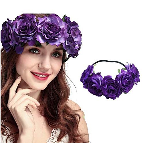 DNHCLL Rose Flower Crown Fake Flower Crowns Headbands For Women Girl Rose Floral Head Piece Hair Crown Pet Headband Flower Wreath (Purple)
