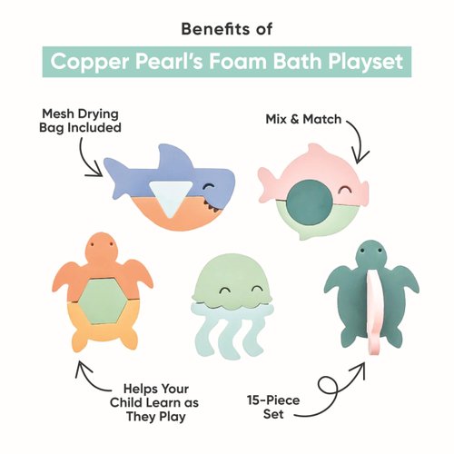 Copper Pearl 15-Piece Foam Bath Toy Set: Floating Foam Shapes for Kids, Fun Puzzle Bath Foam for Toddlers, Stick-On Baby Bath Toys, Enhances Problem Solving and Coordination, Ages 3+
