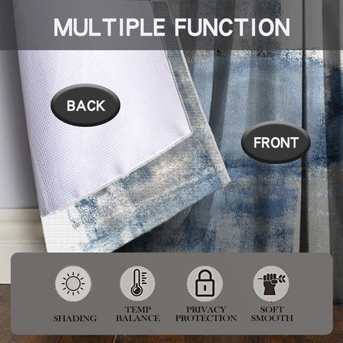 MCALK Blue Blackout Kitchen Curtains Tiers and Valances Set 3 Piece for Windows White and Grey Kitchen Window Curtains Set,Modern Abstract Art Valances for Living Room(36" Tiers Set)