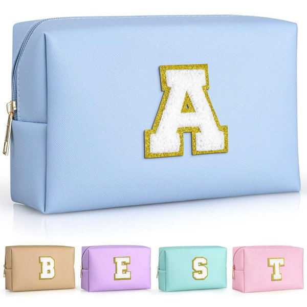 TOPEAST Christmas Gifts Stocking Stuffers for Women, Personalized Initial Makeup Pouch Leather Waterproof Cosmetic Bag Christmas Birthday Gifts for Women (Sky Blue A)