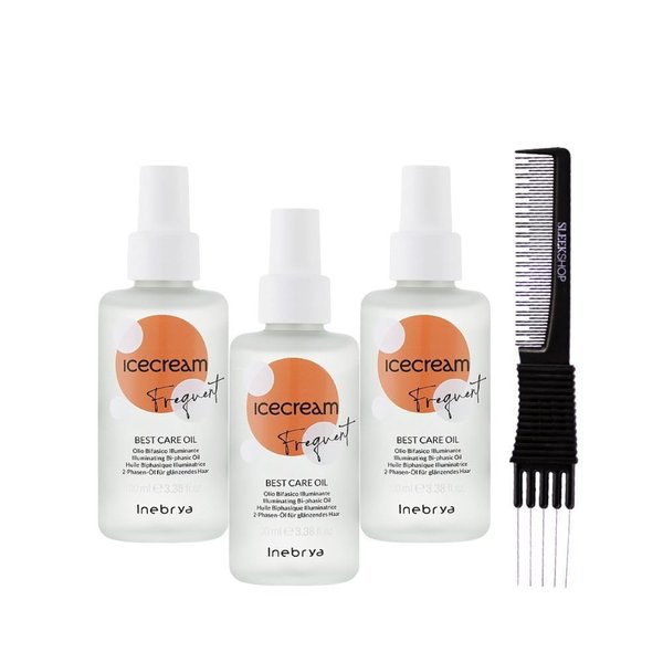 kuss Inebrya Ice Cream Frequent Best Care Oil (3.38 oz) with Teasing Comb Pack of 3