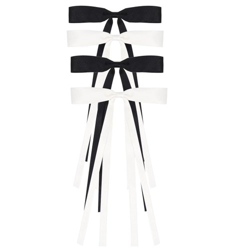 4pcs Ribbon Bow Hair Clips with Long Tassel for Women,Hair Ribbons with Bow, Bowknot Hair Ponytail Holder Accessories for Women Girls Toddlers Teens Kids (Black +White)