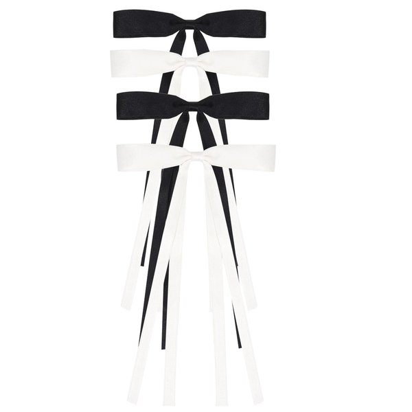 4pcs Ribbon Bow Hair Clips with Long Tassel for Women,Hair Ribbons with Bow, Bowknot Hair Ponytail Holder Accessories for Women Girls Toddlers Teens Kids (Black +White)