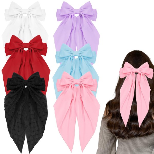 AUDTOPE Satin Hair Bows for Women Girls Hair Ribbon,6Pcs Oversized Long Tail Hair Bows Hair Barrettes Silky Satin Hair Bows Hair Clips for Women Ponytail Holder Bow Hair Accessories Bowknot Aesthetic