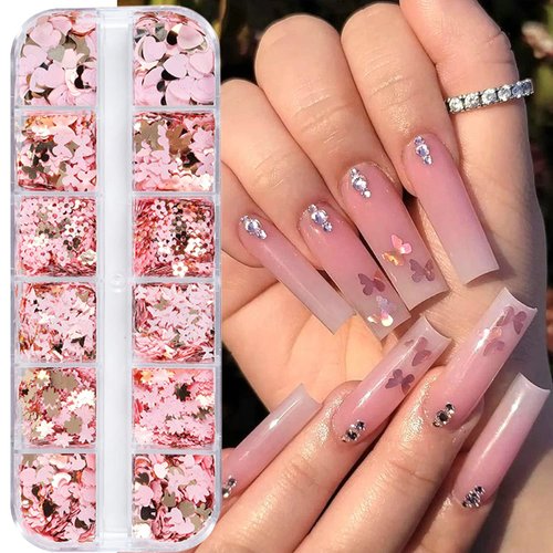 12 Grids Gold Pink Nail Glitter Sequins 3D Holographic Nail Glitter Flakes Butterfly Flower Leaf Nail Sequin Flakes Heart Rabbit Nail Charms for Women Nails Art Decorations
