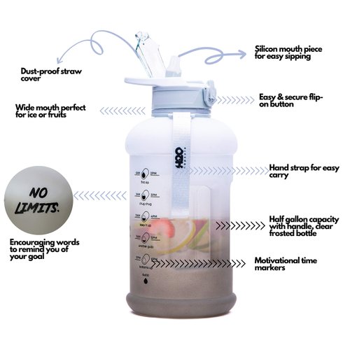H2O Capsule INSPO Half Gallon Water Bottle with Time Marker and Straw Motivational Hydration Tracker Jug Big BPA-Free Food-Safe Leakproof Drinking Bottle Handle & Strap, Rocky Shore