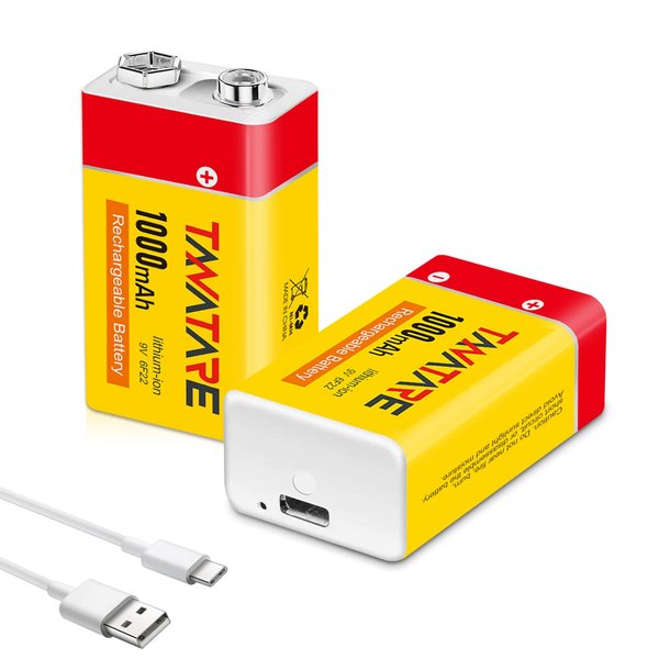 Tanatare Rechargeable 9V Batteries, 1000mAh Lithium Batteries, USB Charging Cable, 2 Count