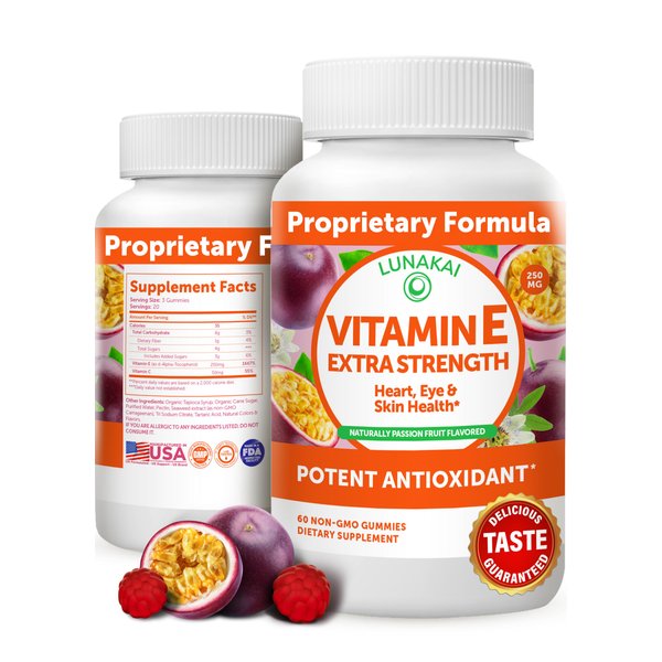 Vitamin E Gummies with Vitamin C - Tastiest Proprietary Formula - 250mg (400IU) Vit E - Antioxidant, Skin & Eye Health Support, Non-GMO, Vegan Vitamin E Supplement - Natural Vitamina E Gummy - 60Count