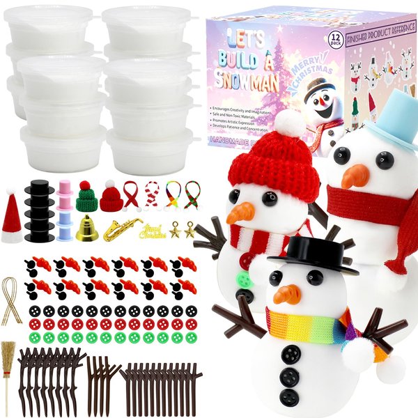 Rtisaeu 12 Pack Build a Snowman Kit Christmas Snowman Crafts for Kids, Modeling Clay DIY Snowman Kit Christmas Stocking Stuffers Gift Snowman Making Kit Toys for Activities Party Supplies