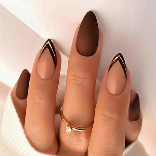 ANDGING Matte Red Press on Nails Almond Short Medium French Tip Glue on Nails with Striped Design Fake Nails for Wedding Birthday Acrylic False Nails Women Girls 24Pc Gel Stick on Nail with Glue AL99